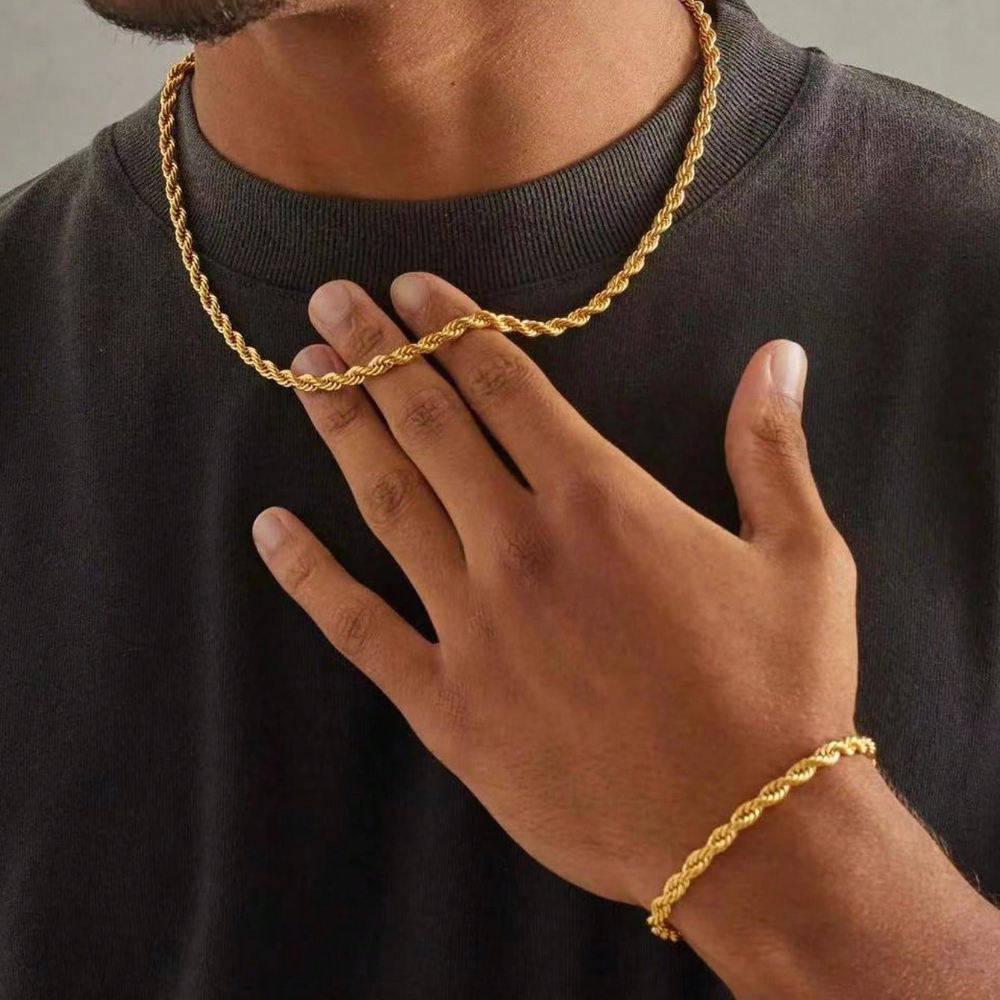 E-shop 2-teiliges Set 18K vergoldeter 316L Edelstahl 18K vergoldete verdrehte Kettenarmband-Armband Halsketten-Kombination, geeignet für Männer, Stil,