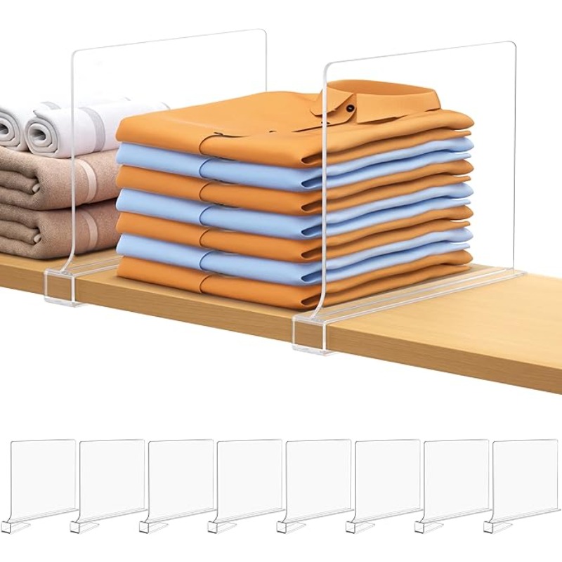8pcs Shelf Dividers For Closet Organization Acrylic Clear Closet Shelf Divider For Wooden Shelving Suitable For Wooden Or Vertical Shelves Or Bedroom, Kitchen And Office