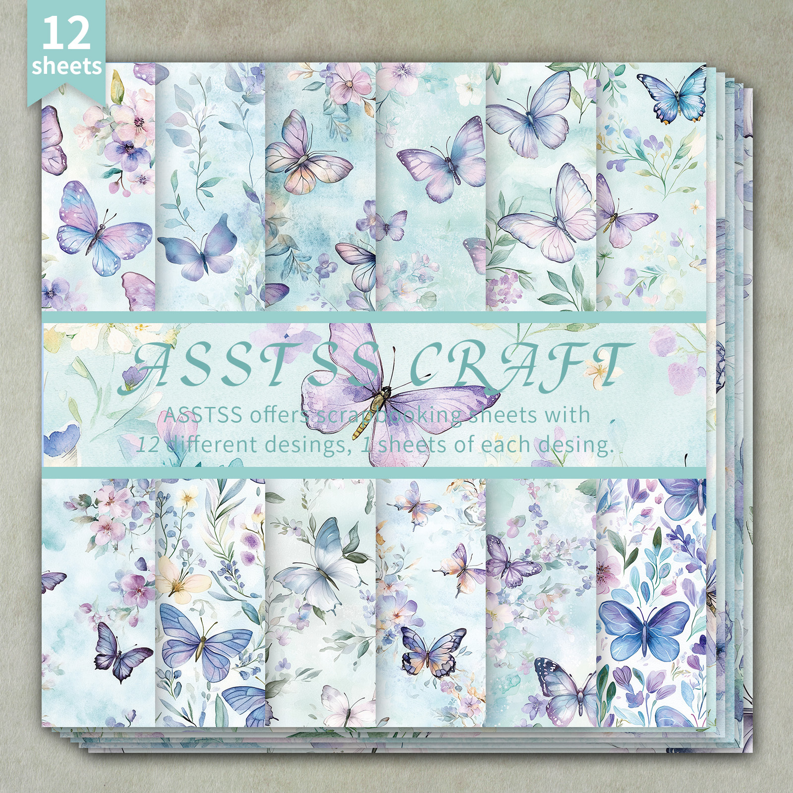 TEMU 12-sheet Asstss 6x6 Inch Scrapbooking Paper Pad, Macaron Blue-purple Floral Watercolor Backing Paper Supplies, Heavyweight Cardstock For