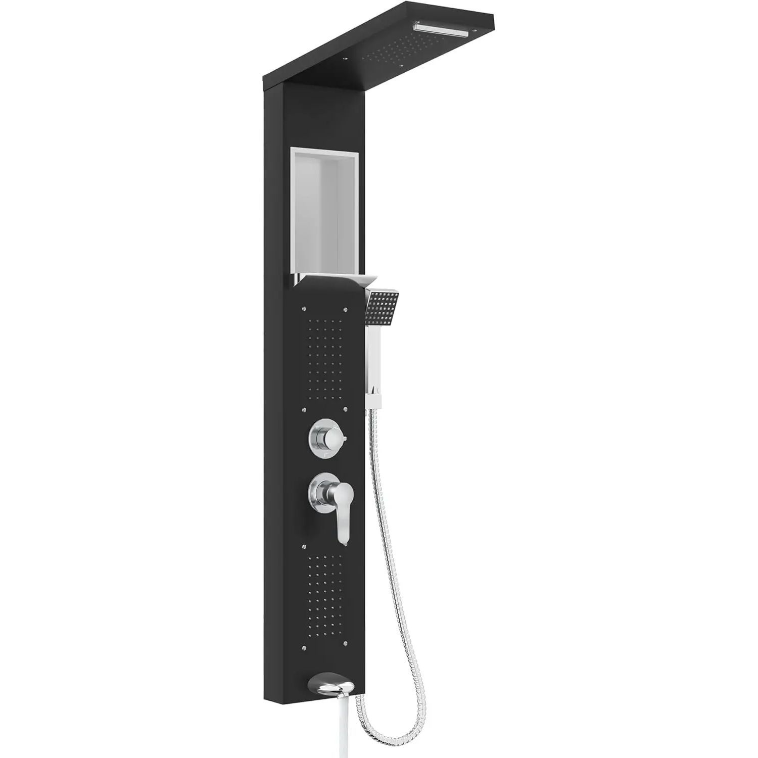 Image of Complete Set Of Stainless Steel Shower Column Featuring 5 Functions Including Rain Shower, Waterfall Shower, Massage Nozzles, Hand Shower, And Bath Panel Inlet Fitting In Silvery