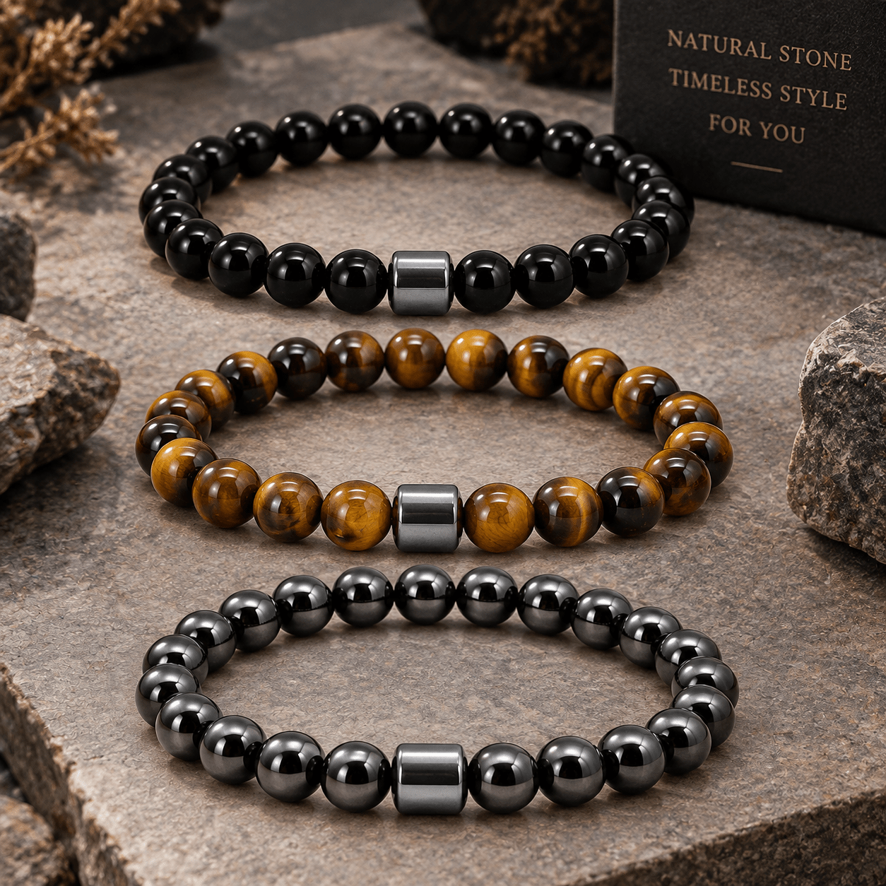 TEMU 3pcs 8mm Natural Tiger Eye, Obsidian And Hematite Beaded Bracelet Set, Minimalist Bohemian Style Stretch Bracelets, Stylish Layered Jewelry For