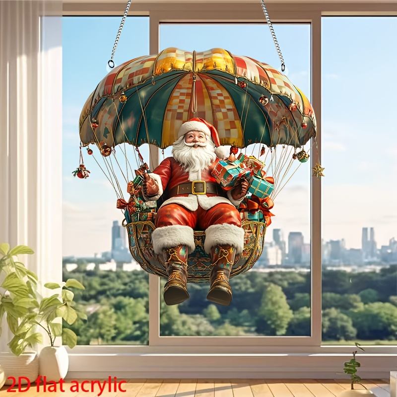 

2d Flat 2d 1pc Bohemian Style Santa Claus Parachute Ornament - 24.89cm X 24.38cm Acrylic Christmas Decor With Chain, Bedroom & Living Room, Ideal Gift For