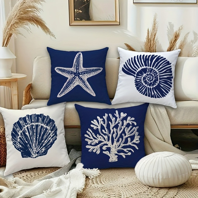 TEMU 4pcs Bohemian Style Navy Blue And White Beach Decor Pillows, Coastal Shells, Starfish, Coral And Sea Shell Design, Suitable For Porch, Courtyard