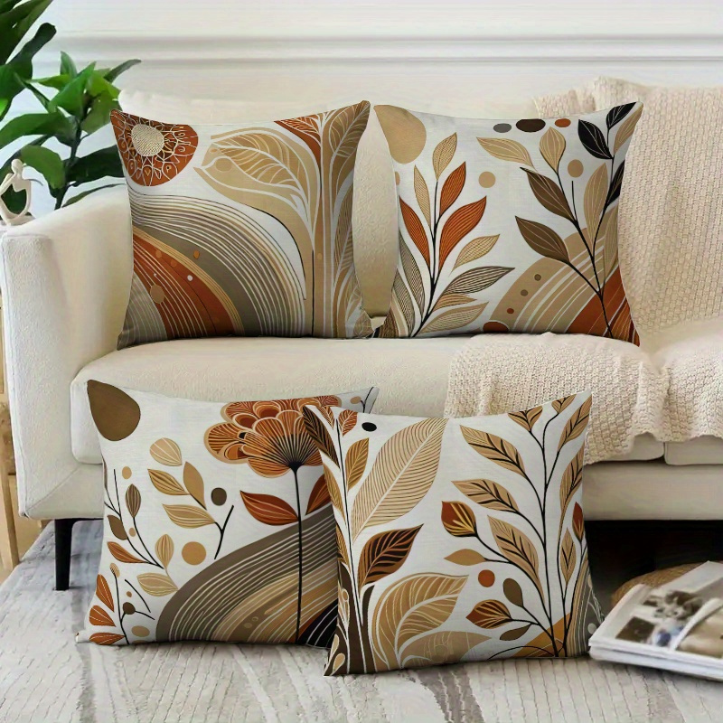 TEMU 4pcs Bohemian Floral Print Pillow Covers - Contemporary Polyester Decorative Pillowcases With Zipper Closure, Machine Washable, Earthy Tones For