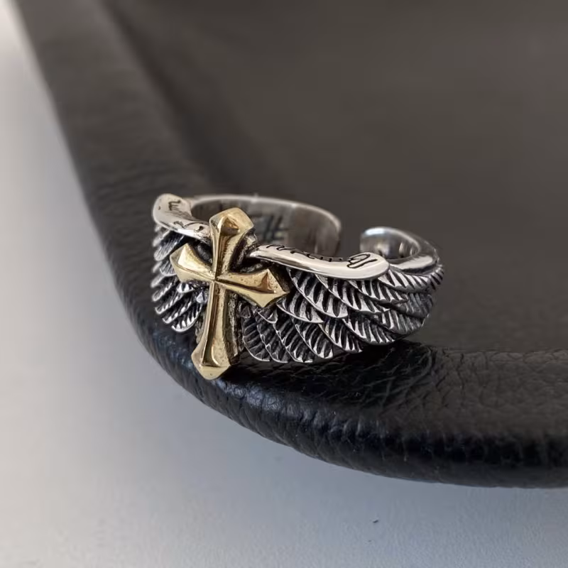 original retro wings cross graffiti letter opening ring domineering mens ring Product details 2