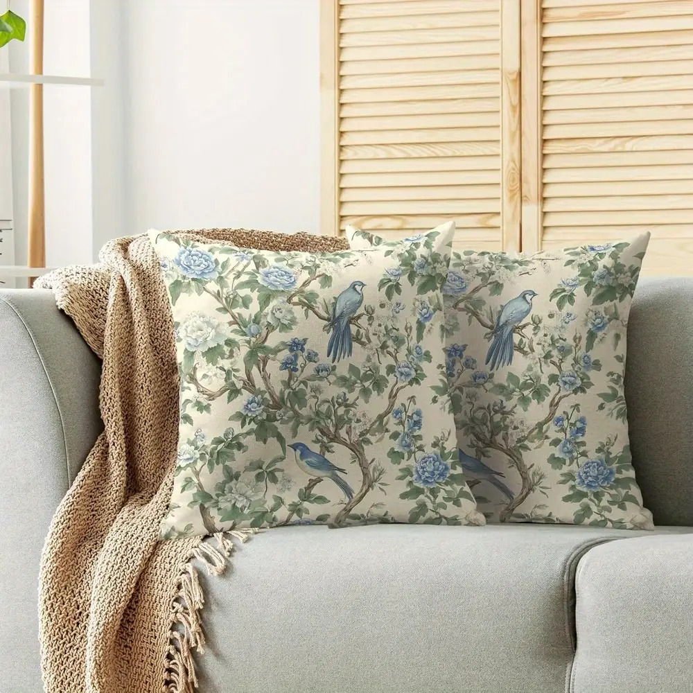 2pcs Chinoiserie Sage Blue Green Floral Pillow Covers 18x18 Set Of 2, Flower Bird Pattern Sage Cream Decorative Throw Pillow Covers Outdoor Cushion Cases Couch Sofa Bed Decor