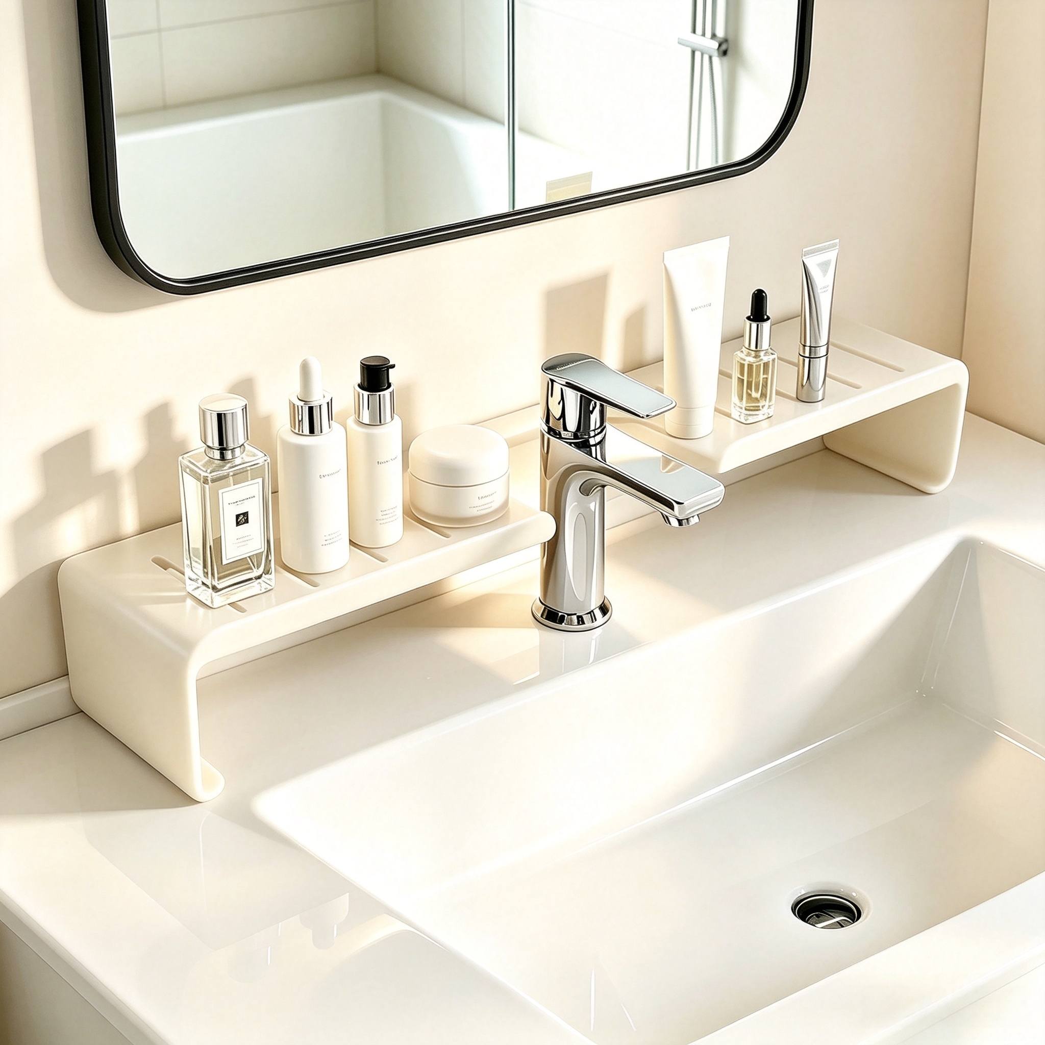 TEMU Carbon Steel Recessed Faucet Shelf For Bathrooms And Kitchens, No-drill Freestanding Design, Of The Box. A Skincare Organizer For Master Bedroom