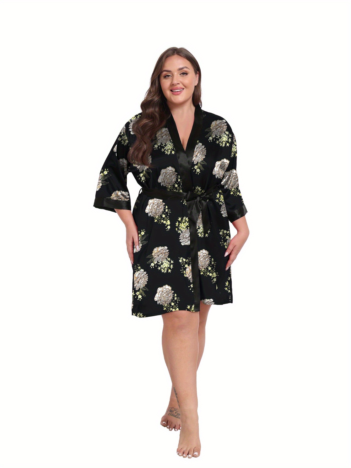 women plus size robe knee length satin kimono bathrobe - Temu