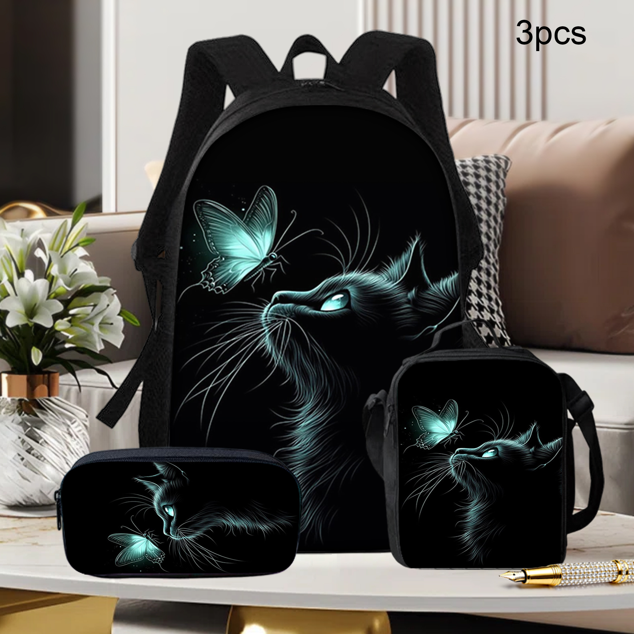 TEMU 3pcs - Black Cat Backpack Set, Including Women's Backpack, Crossbody Bag, And Pencil Case, With Zipper Design And Adjustable Straps For