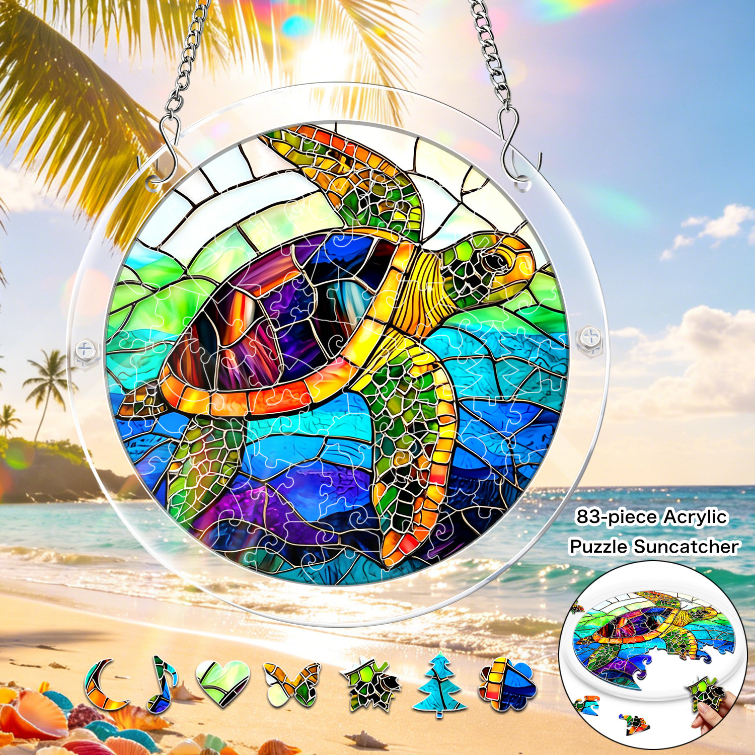 item picture 1set sea turtle acrylic puzzle suncatcher 83pcs 7 4inch stained style colorful sea turtle ocean puzzle suncatcher window hanging ornament for beach and balcony summer sunlight catcher for home and office and bar