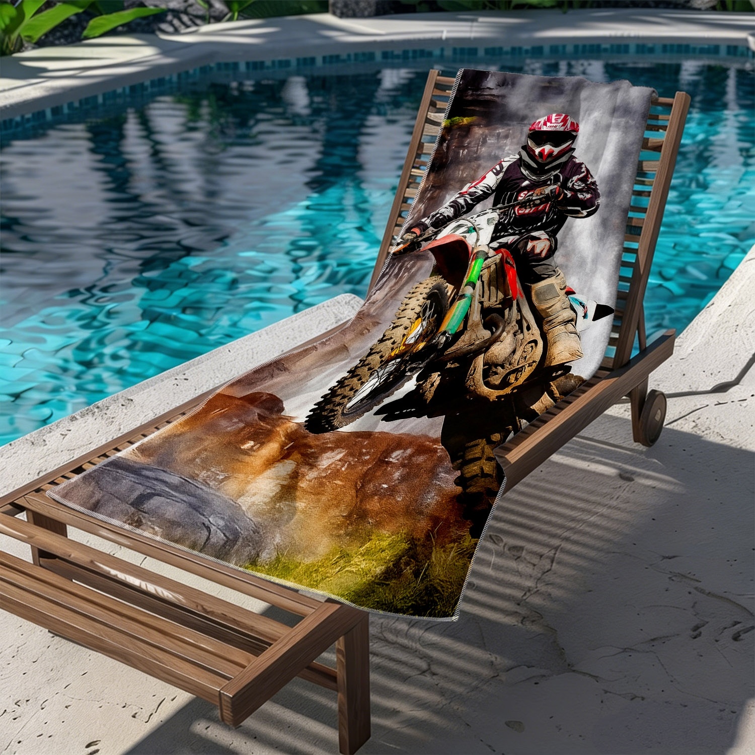 TEMU 1pc Passion Off-road Style Motorcycle Rider Soft Towel For Beach, Dynamic Off-road Printed Pattern, Microfiber Bath Towel, Quick-dry And Super