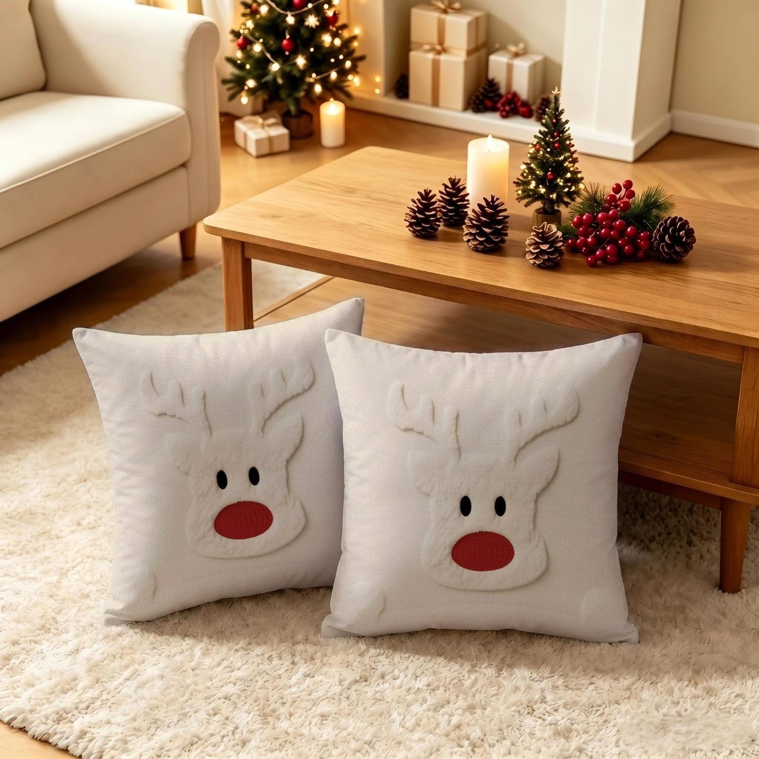 TEMU 2pcs Single-sided Printed Plush Pillow Covers, White Background With Cute Reindeer Design, Zipper Closure, Multiple Sizes , Machine Washable And