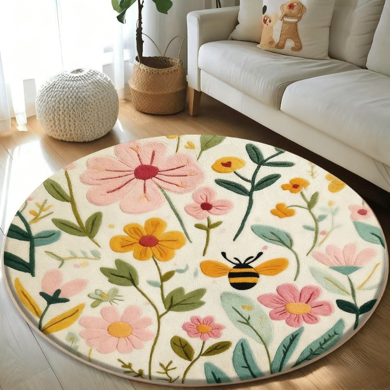 TEMU [ Product] Pink And Yellow Flower Bee Pattern, Round Flannel Floor Mat, Machine Washable Carpet, Home Decoration Floor Mat, Universal For Room