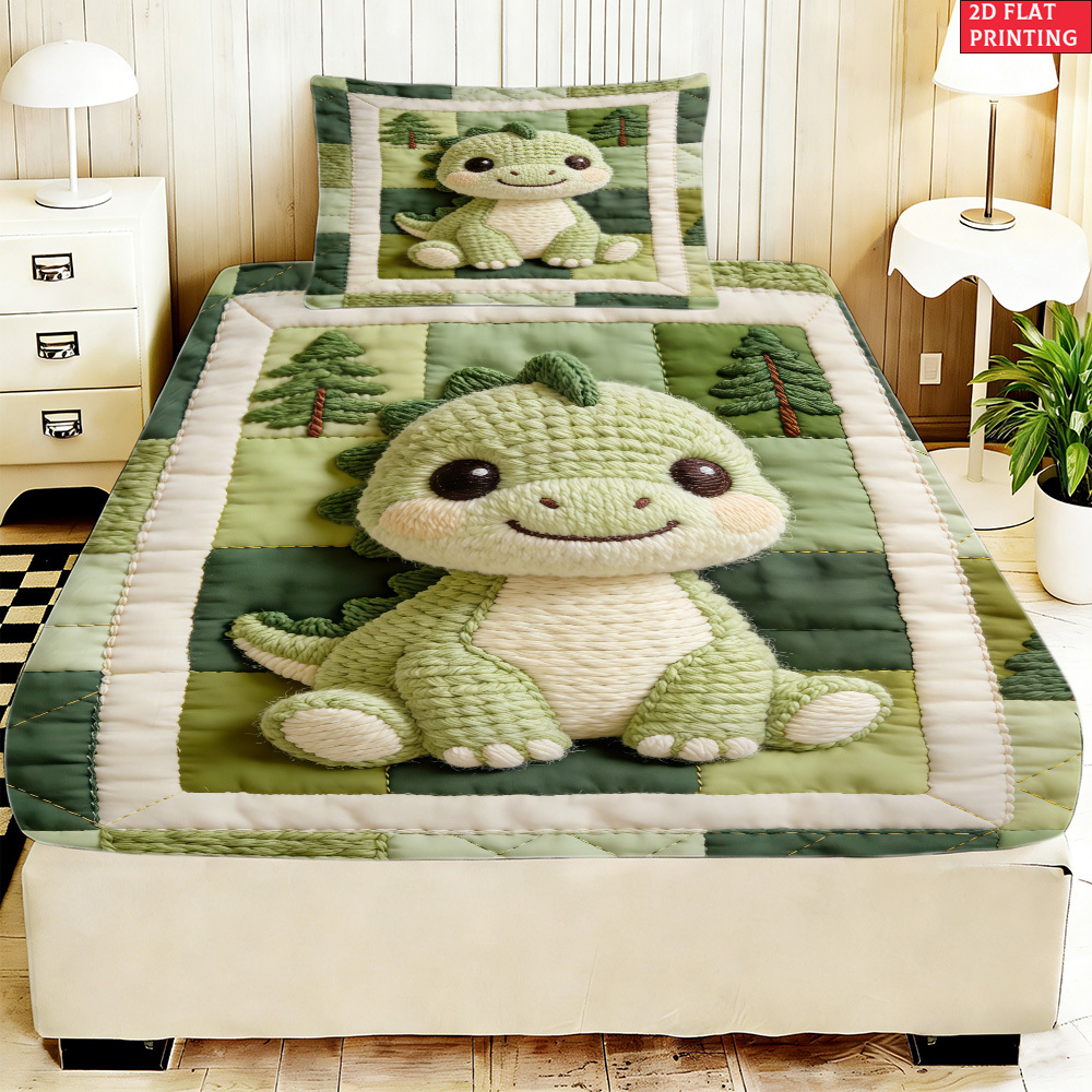TEMU 2/3pcs 2d Flat Printing Fitted Sheet Green Dinosaur Bedding, Print, For Bedroom Decoration (1 X Fitted Sheet And Pillowcases. Without Core)