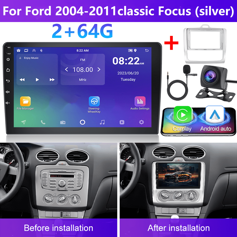 Image of [2g+64g]podofo 15 Stereo For Ford 2004-2011 Classic Focus (silvery)(frame Included) Double Din Auto, 9 Inch Touchscreen Din With Gps Navigation Wireless Fm Hifi Wifi Usb + Ahd Backup + Mic