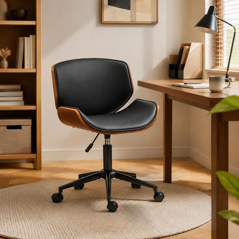 TEMU 52 X 54 X 74-84cm Faux Leather Swivel Adjustable Home Office Chair, Black And Walnut Brown, Armless Desk Chair, 135kg Capacity