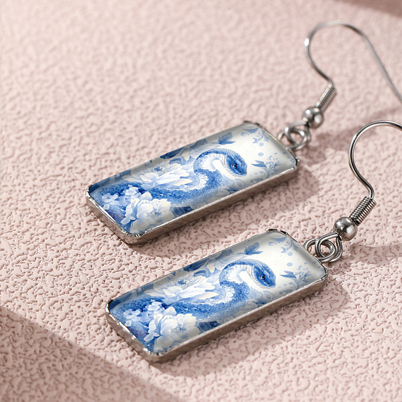 Blue & White Porcelain Snake Art Illustration Earrings