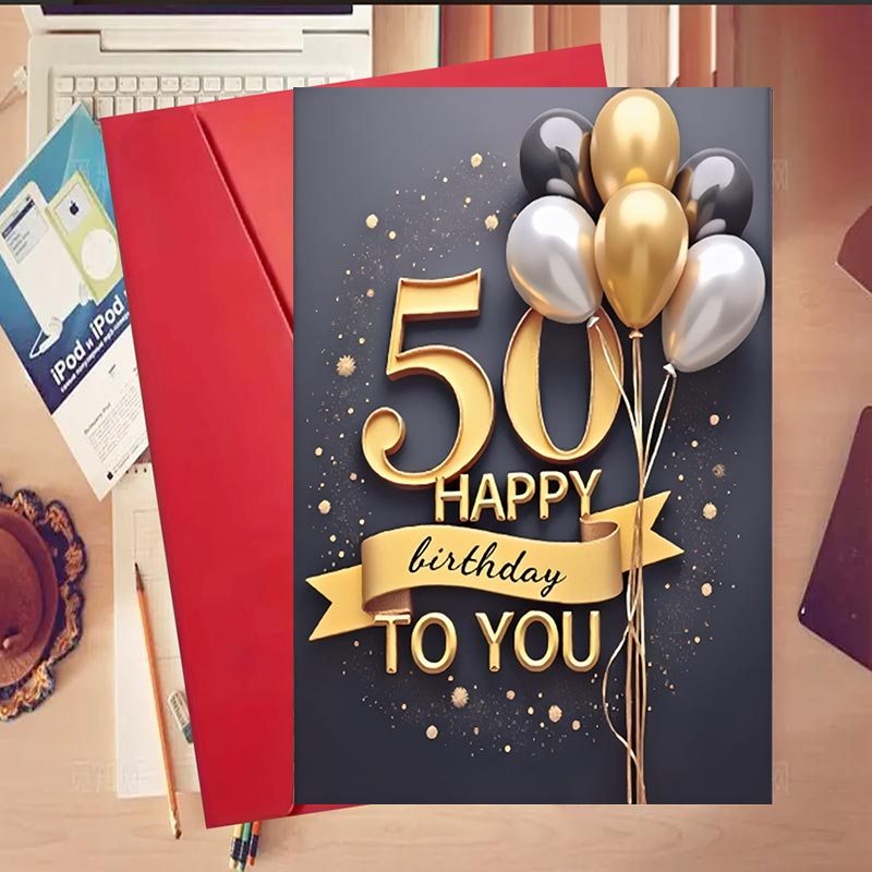 TEMU 1pc 50th Birthday Card Suitable For 50th Birthday For Party With Envelope - Elegant Black Golden Balloons & Age Design, Paper Card For 50 Years