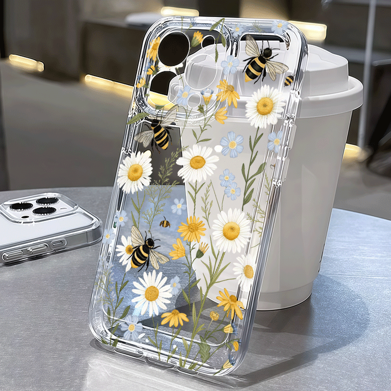 TEMU Coque de téléphone - Motif floral d'abeille style pastoral, coque de téléphone en TPU transparent pour Iphone 17/16/15/14/13/12/11 Pro Max,