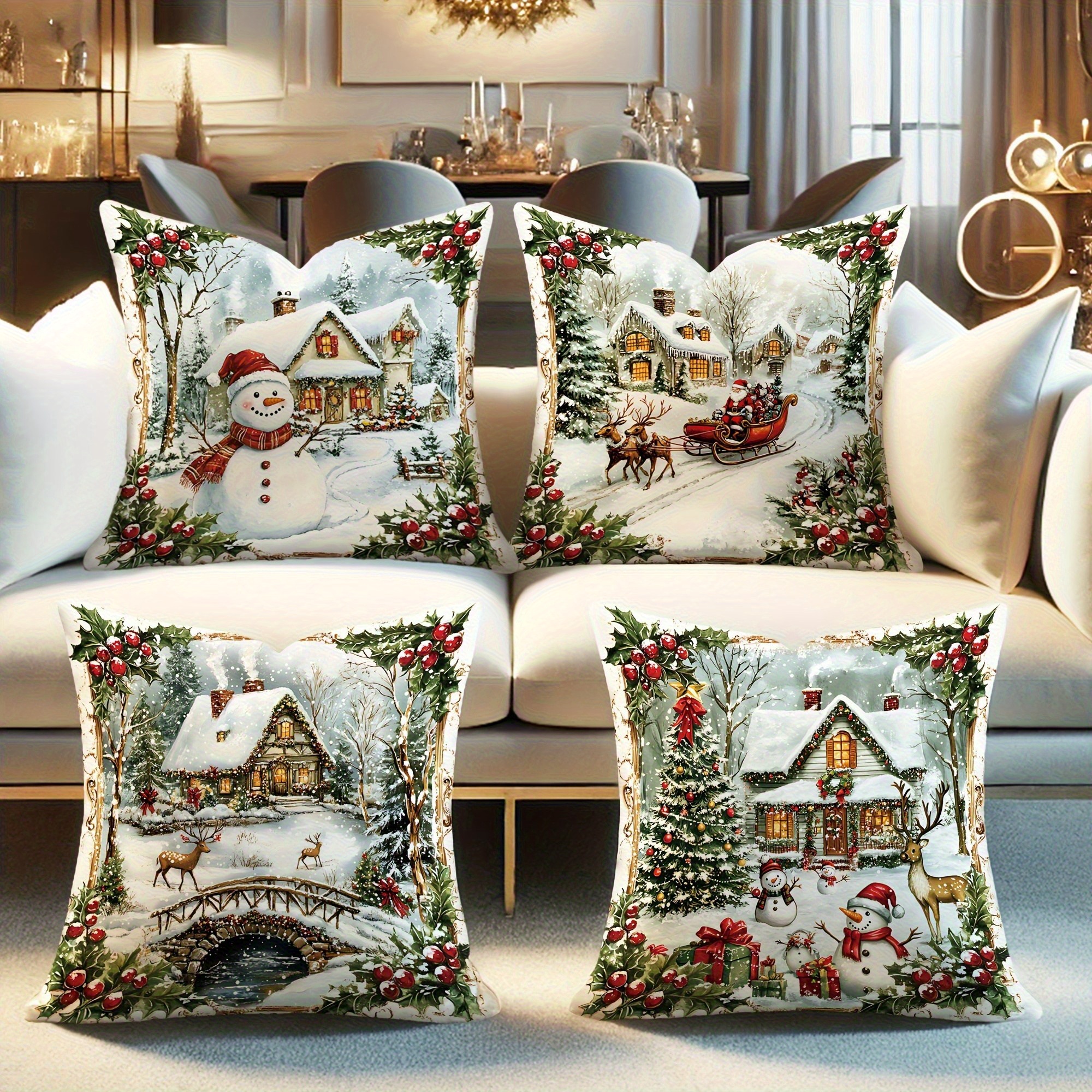TEMU 4pcs Christmas Pillowcase Set - Modern Snowman, Santa Claus, Reindeer, And Holly Print - Machine Washable - Decorative Zippered Pillow Covers,