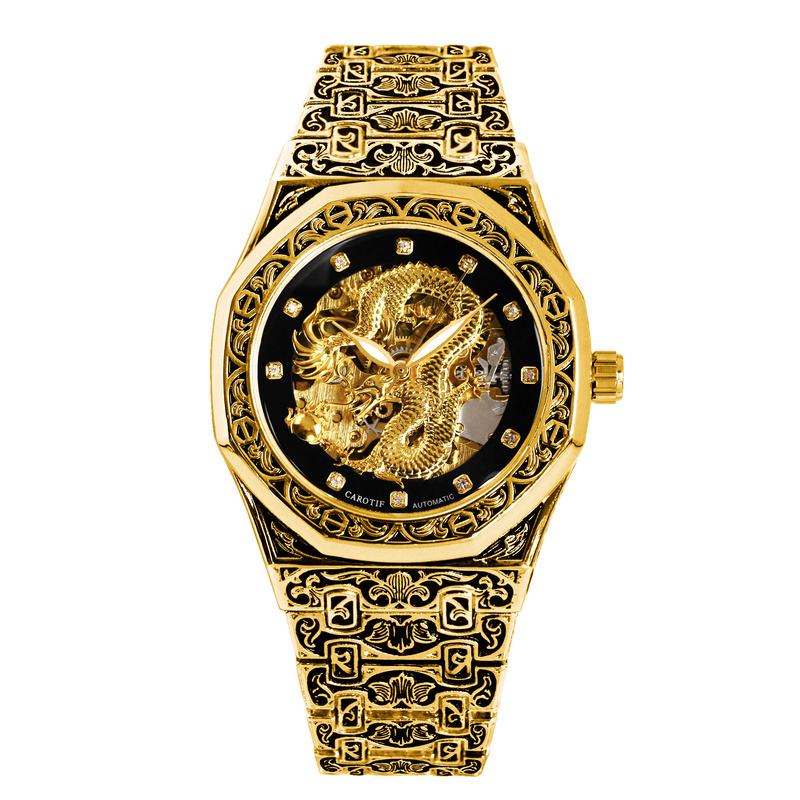 TEMU 1pc Men's Band Gorgeous Dragon Carved Fully Automatic Mechanical Watch, Without Battery