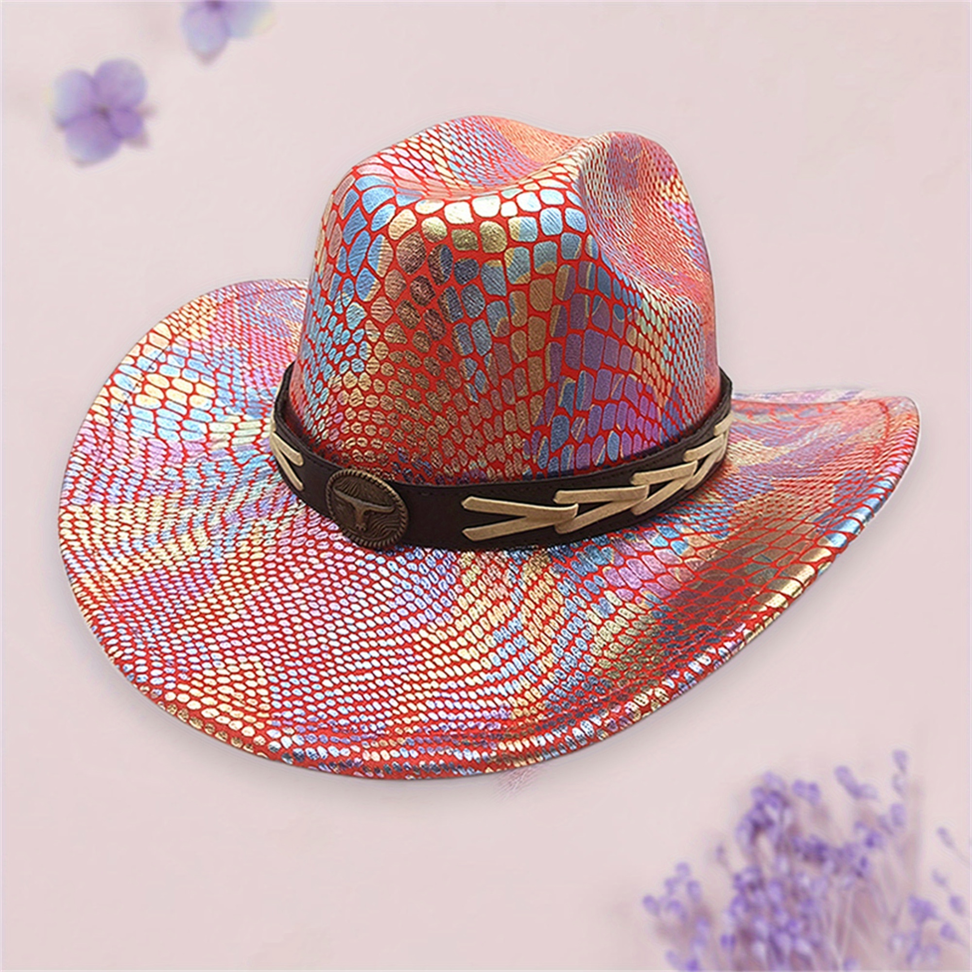 women wide brim cowgirl hats bull wide belt metallic jazz - Temu display picture 2