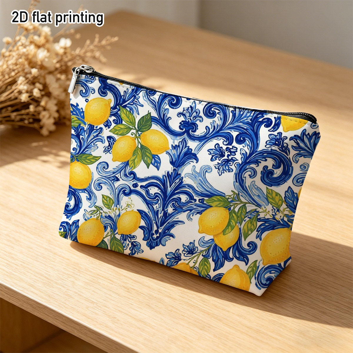 TEMU 2d Flat 1pc And White Lemons Makeup Bag, Summer, Vibrant Lemons With Floral Patterns, Ideal For Storing Daily Cosmetics, , Beach Trips, For