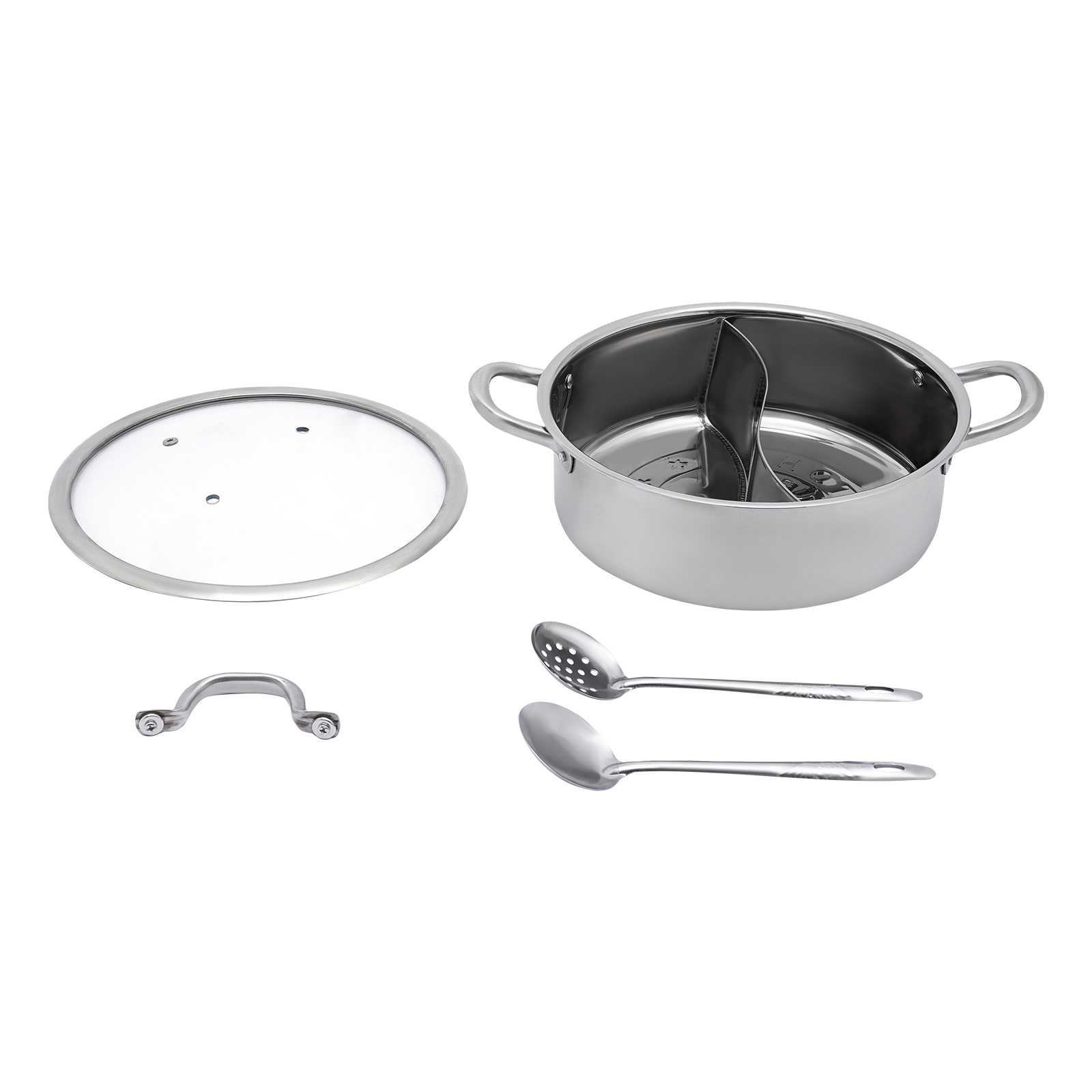 Image of Stainless Steel Hot Pot With Divider And Glass Lid, 2-flavor With Spoon/ Spoon And 2 Handles Using In Cooking Food Or Great In Kitchens In Hotels, Restaurants, Homes