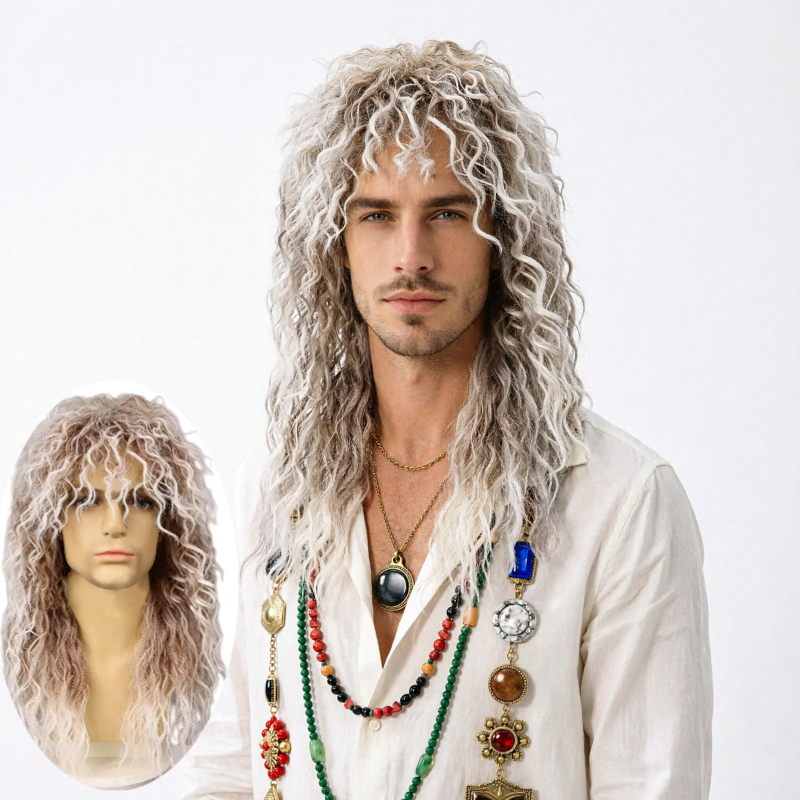 Image of Men's Long Wavy Mixed Color Wig, Black/brown/gradient 3 Colors , Fashionable And , Individual , Suitable For Daily , Parties/film Shooting, Role-playing Party Costume