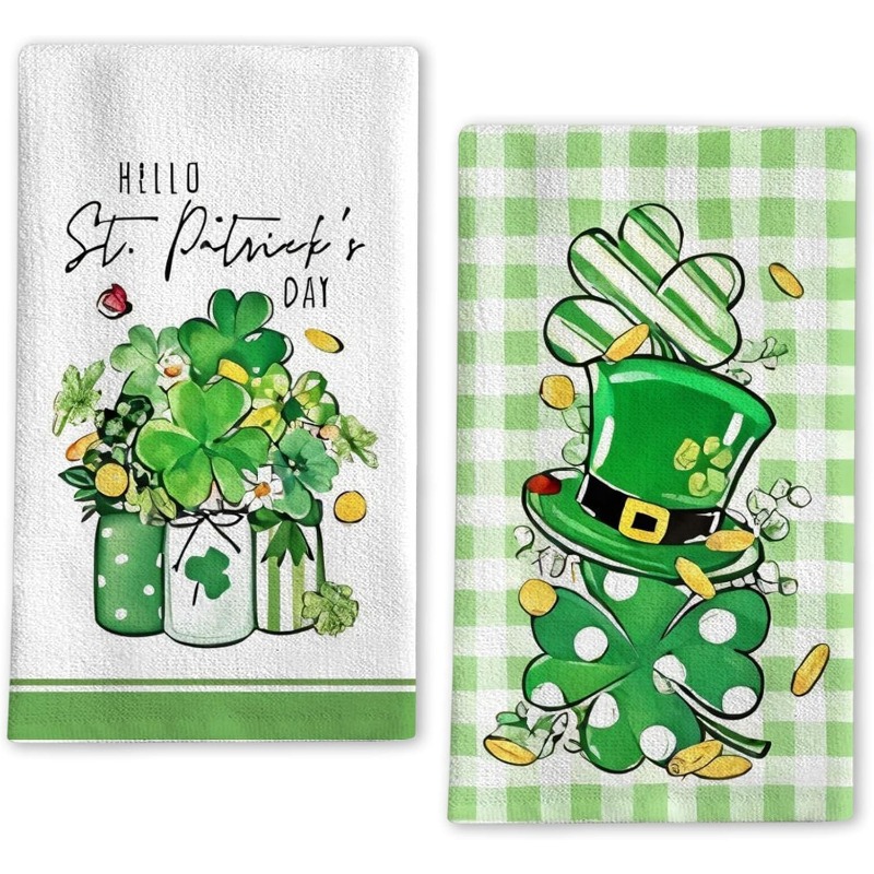 

2pcs 's Day Kitchen Towels - Polyester, Green Shamrock & Design, Drying Hands & Decorating Home