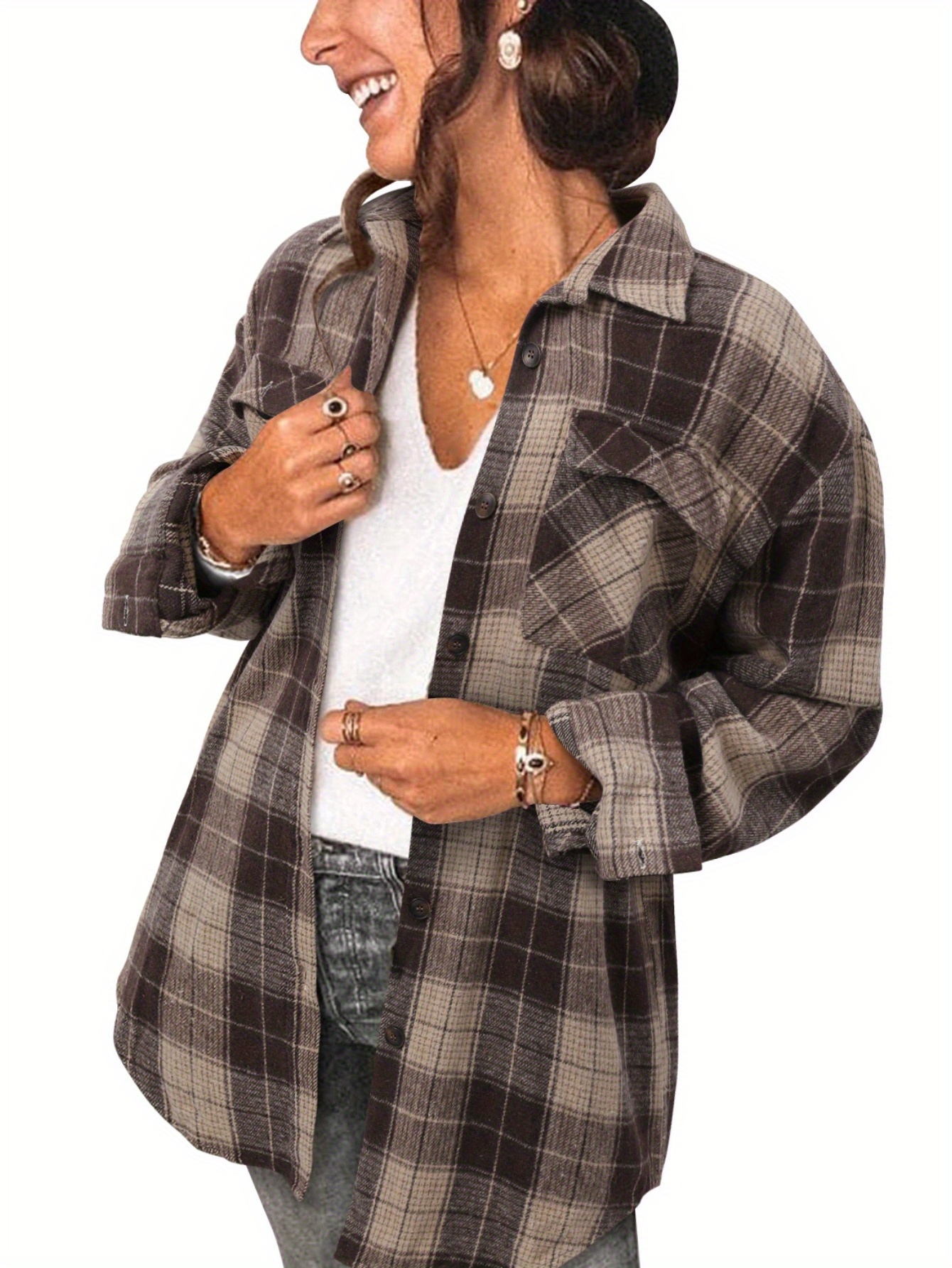 chaqueta oversize cuadros mujer bolsillos en pecho Temu