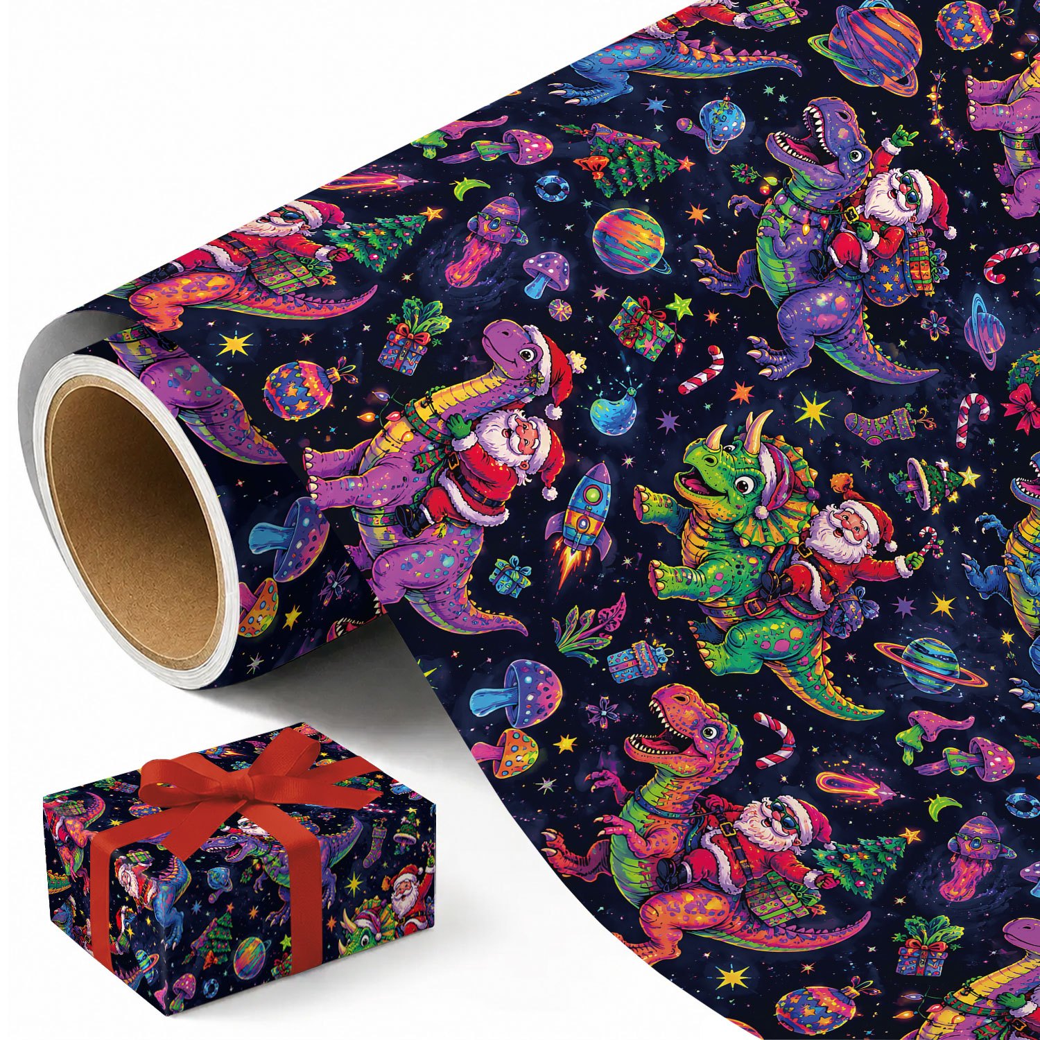 TEMU 1 Rouleau de Noël Dinosaure et Père Noël, de Fête Coloré et Amusant avec Père Noël sur des Dinosaures, Planètes, Étoiles, Mini de Noël, Boîtes