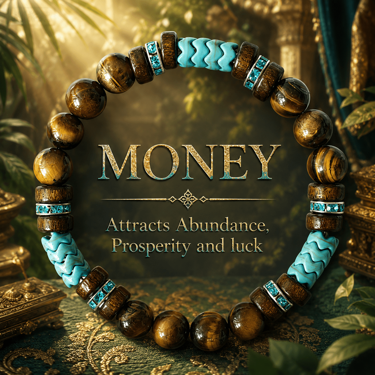 TEMU 1pc Wealth Natural Stone Beaded Bracelet, Handmade With Eye And Wave Links, Bohemian Style, Attracts And , Wealth, Suitable For Daily Wear,