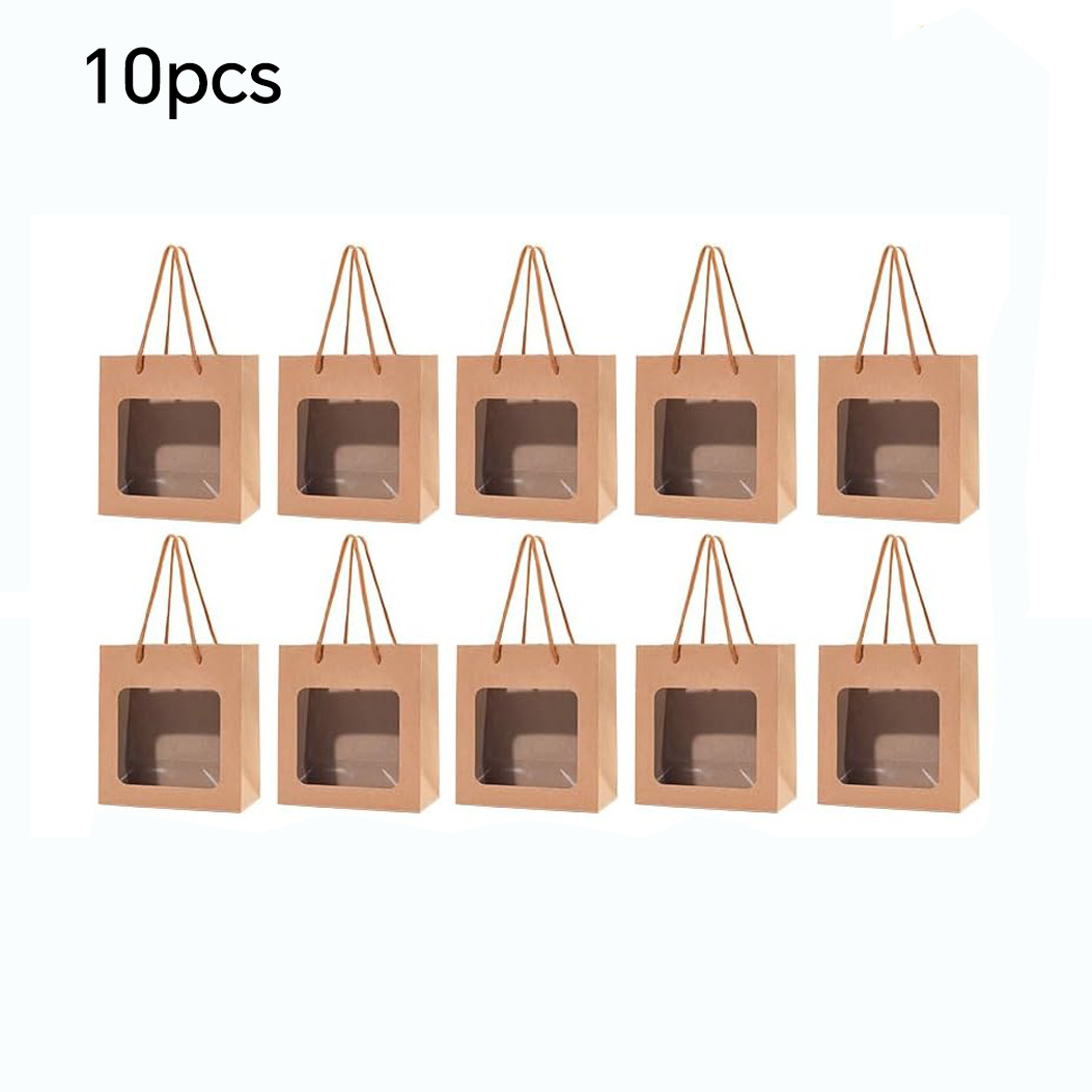 E-shop 10 Stück Kraftpapier Geschenktüten mit PVC Transparentem Fenster und Griff, Geschenkverpackungsbeutel für Geburtstag Hochzeit Party Weihnachten