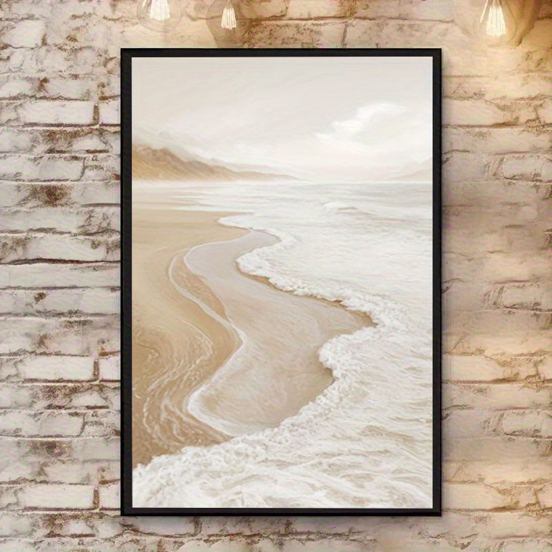TEMU 1pc Frameless Waterproof Canvas Wall Art - Modern Minimalist Beige & White Painting, Neutral Beige & Cream Coastal Ocean Print For Living Room,