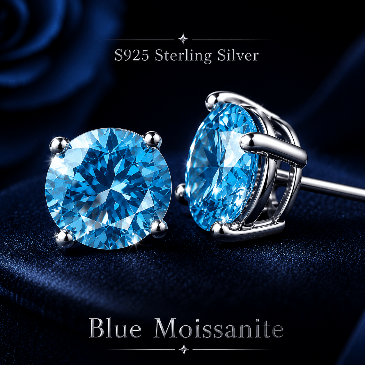 TEMU Une paire de boucles d'oreilles à bouchon en argent sterling S925 avec moissanite bleue ronde de 2 carats, cadeau de bijoux de fiançailles pour