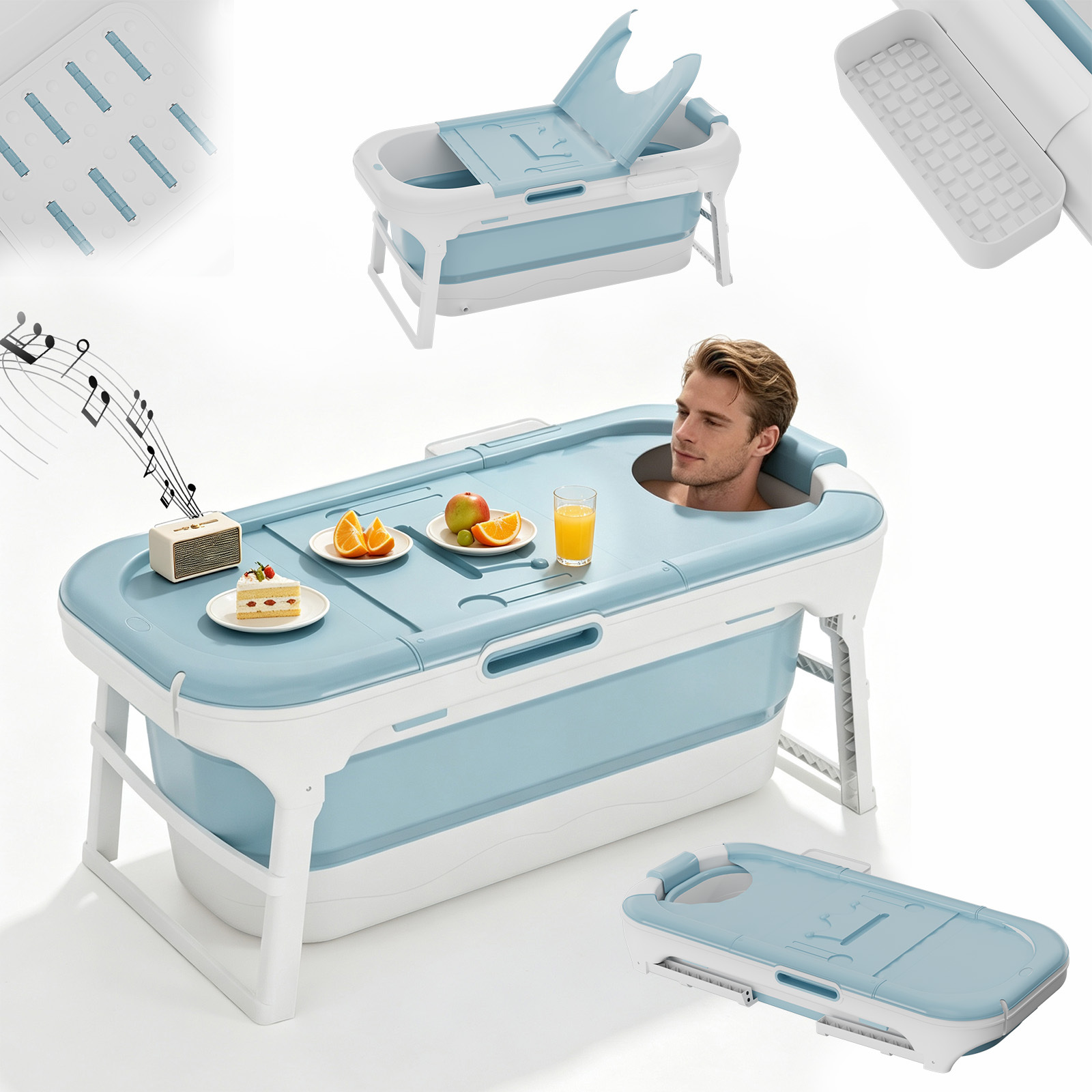 Image of Portable Folding Bathtub With Lid And Storage Rack, Made Of Pp+tpe, Freestanding Hot Tub Equipped With Foot Massage Rollers, Suitable For Use In Bathrooms, Gardens, And Patios