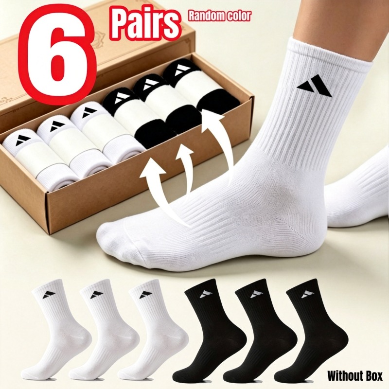 TEMU 6-pair Unisex Breathable Mid-calf Sports Socks - Random Color, Thickened Cushioned Sole, Shock Absorption, High-elasticity Breathable Mid-calf