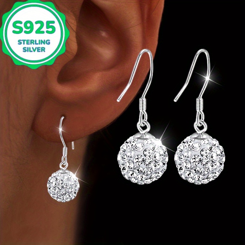Image of A Pair Of 2pcs, Anti-allergy S925, Ladies' Shiny Spherical Ear Hooks, Ear Pendants, Earrings, Worn On Occasions, Weddings And Banquets