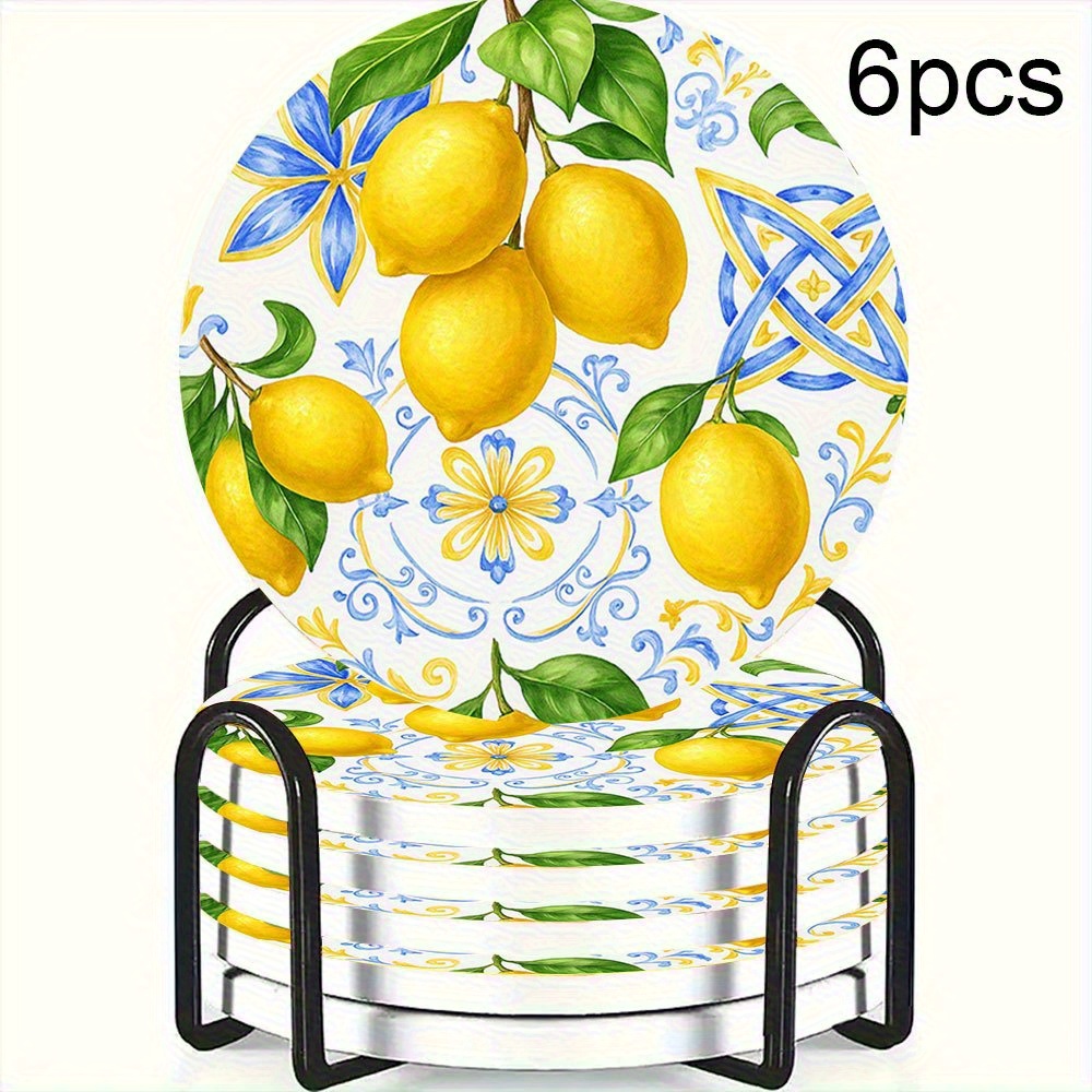 E-shop 6er-Set Zitronenbaum Holzuntersetzer - Frisches blau-gelbes Blumendesign mit Zitronen, rutschfest und hitzebeständig, für Kaffee und Tee, ideal