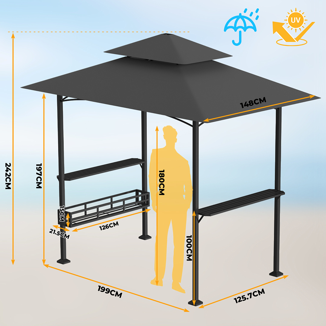grillpavillon gartenzelt seitenmarkise grillpergola grillzelt gartenseitenregale metall-grillpavillon 2-stufig beige/grau 238 x 148 x 250 cm bbq   dachverdeck regale party-grill-dach flammhemmendes dach grillverdeck