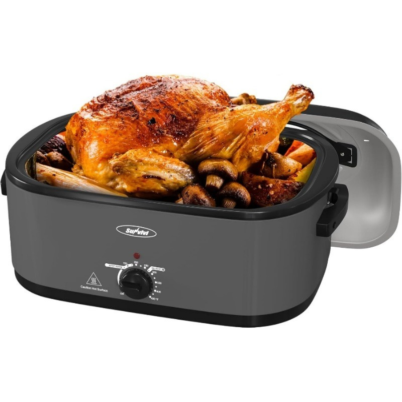30-pound Electric Roasting Oven, 26-quart Capacity With Transparent Lid, Multi-functional Turkey Roaster With And Warm Functions, Extra-large Removable Pan And Rack, Elegant Finish, Gray