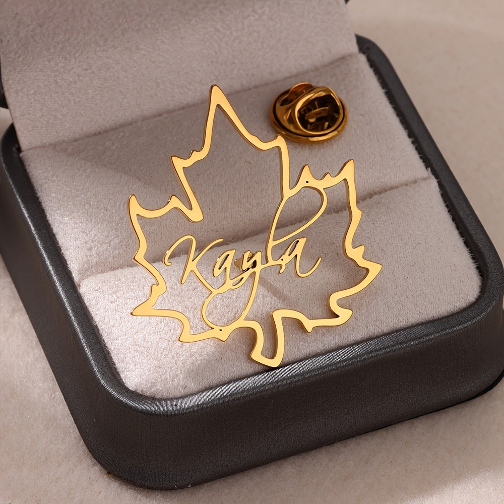 TEMU Custom Personalized Maple Leaf Brooch - Stainless Steel With Custom Name, Elegant And , Perfect Gift For Birthdays, Anniversaries, Graduations -