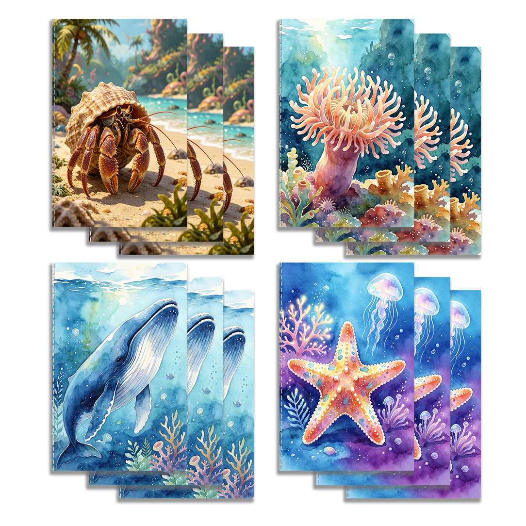 TEMU 12pcs/set Pocket Notebooks Mini Notebook Watercolor Ocean Hermit Crab Anemone Whale Starfish Theme Notebooks Suitable For Homework Organization,