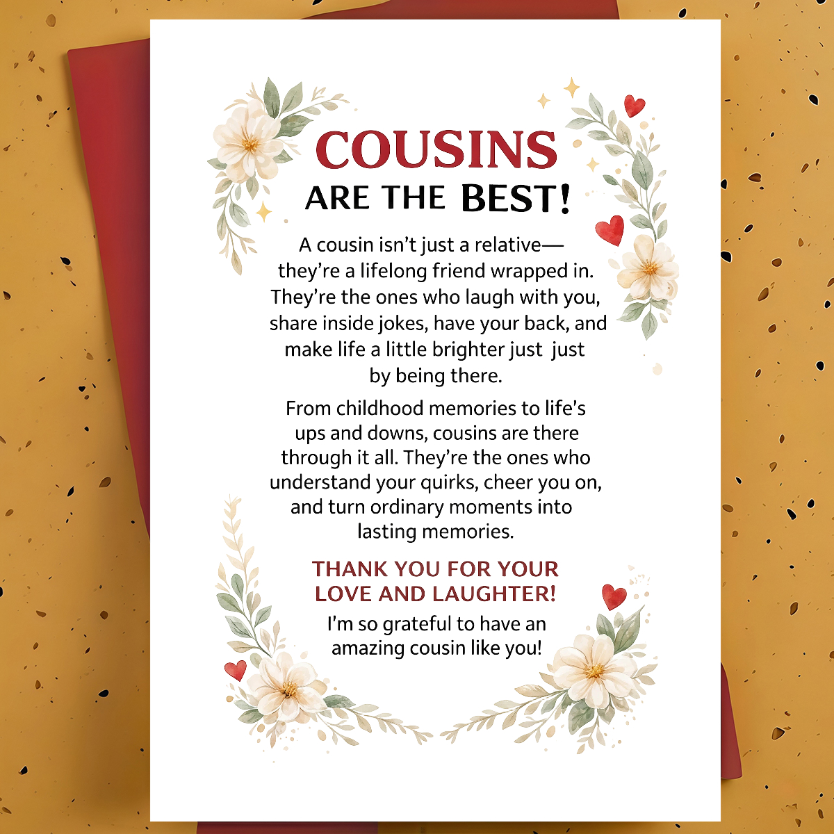 TEMU Carte de vœux 1 pièce pour cousin, meilleur ami – Illustration de cœur floral, Appréciation , Épaissie, avec enveloppe