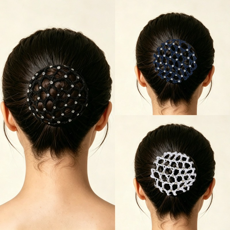 TEMU 3pcs Rhinestone Hair Bun Net, Elastic Crochet Mesh , Ballet Dance Hair Accessory For Women