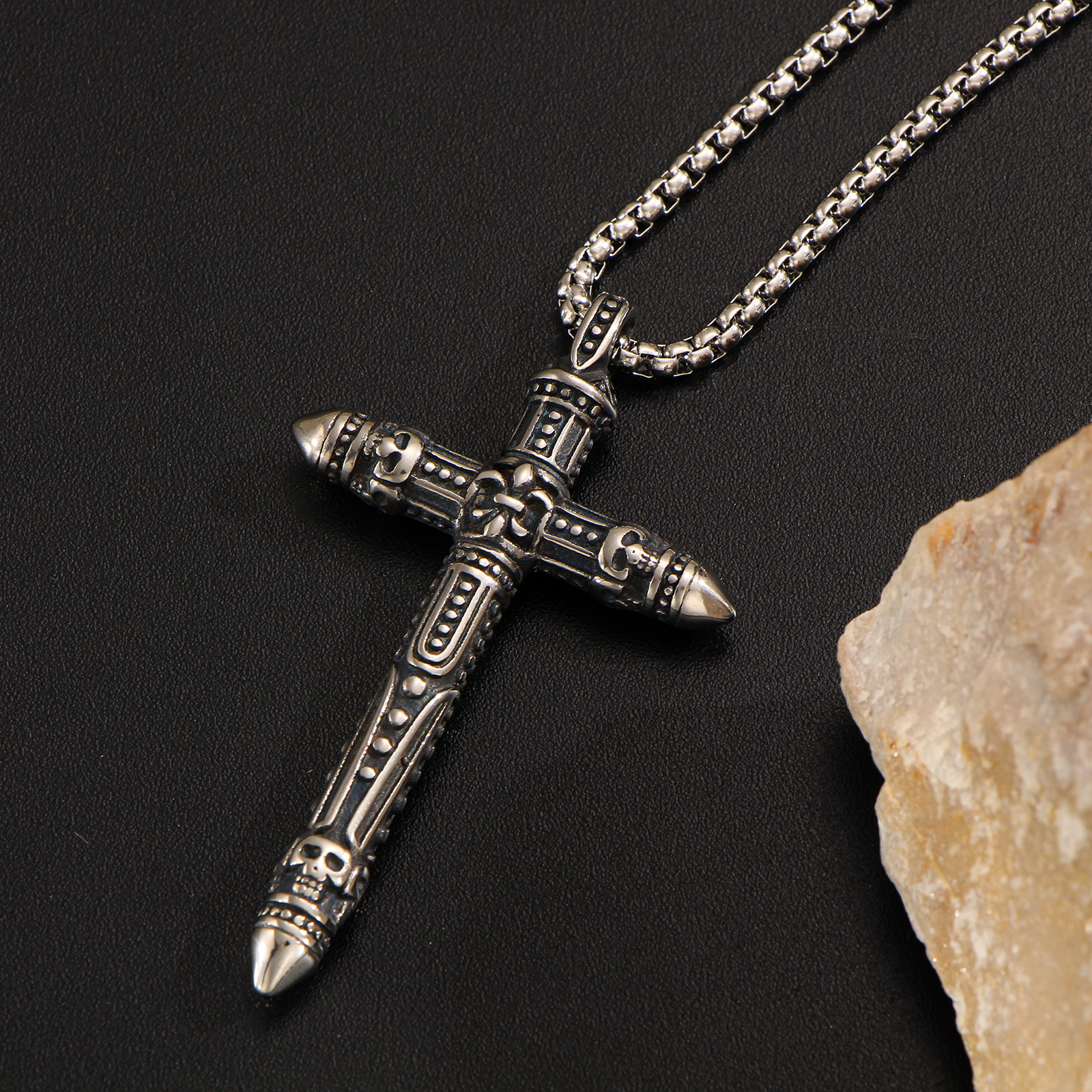 Men's Gothic Motorcycle Style Distressed Silvery Studded Skull Cross Necklace