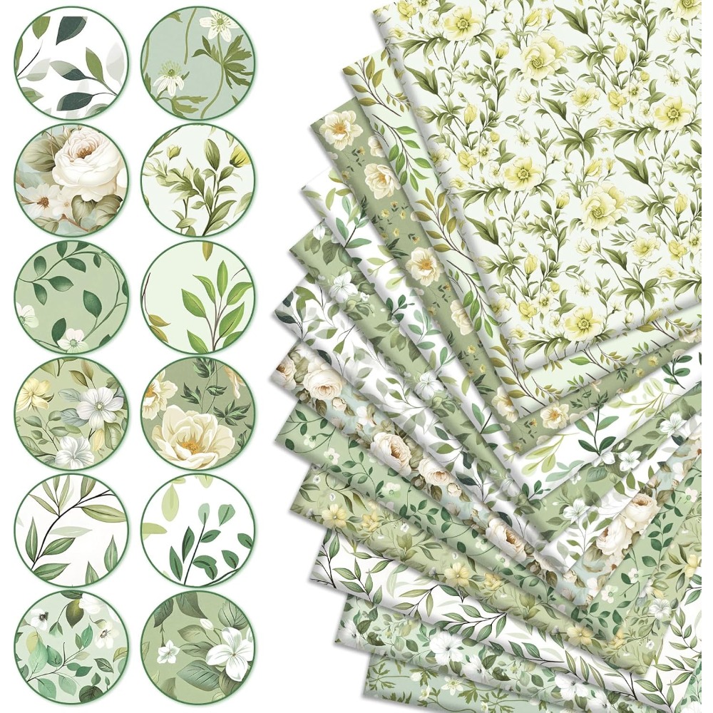 TEMU 12pcs (40 * 50cm/15.7 * 19.7inch) Of Sage Green Flower Fabric Tied With Watercolor Flower Leaf Fat, Quarter Quilted Patch, Birthday Diy Sewing