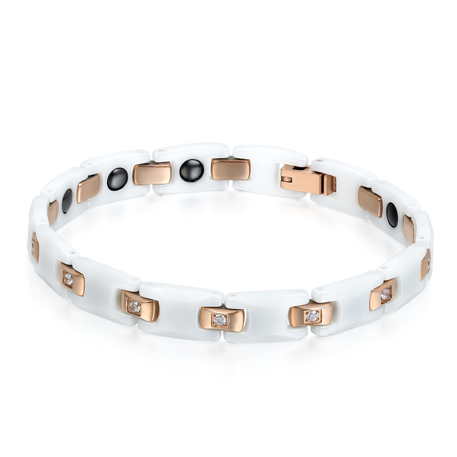 Image of Women' Ceramic And Stainless Steel Chain Link Bracelet, Elegant Cz Inlaid Link Jewelry, 19.2cm Chic Bracelet For Daily Wear And Gift