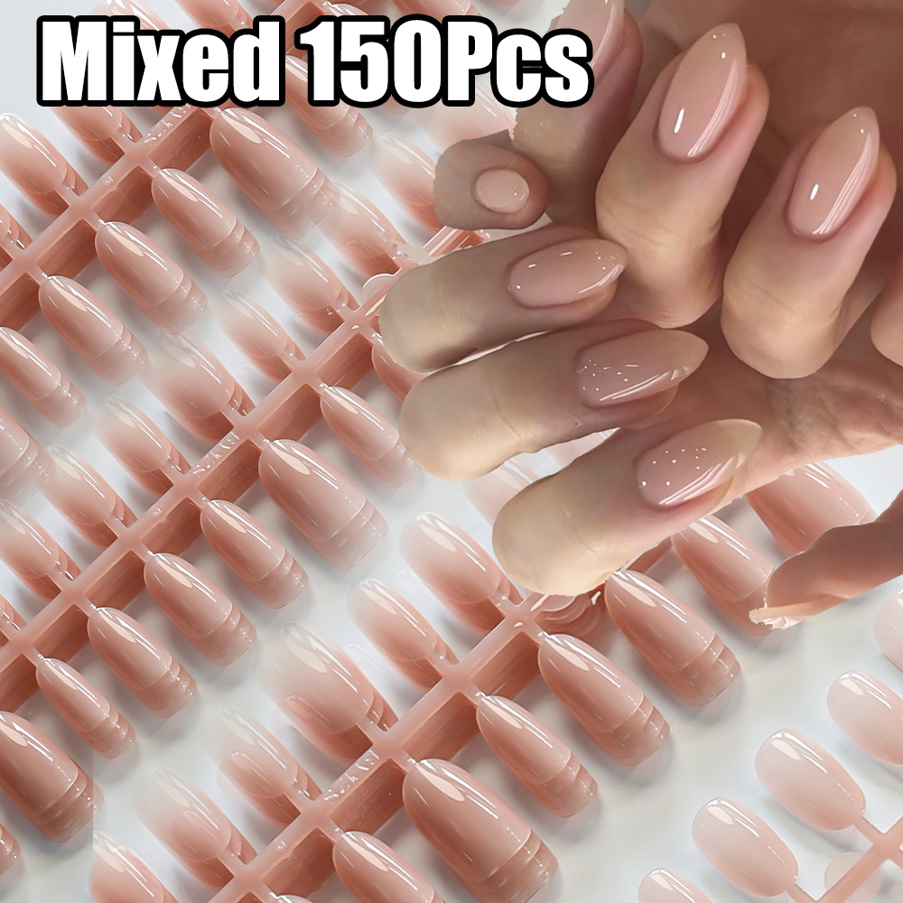150pcs Nude Pink Short Almond Press On Nails Gradient Full-cover Glossy Almond Fake Nails 14-20mm Soft Gel Nude Pink Almond Nail Tips